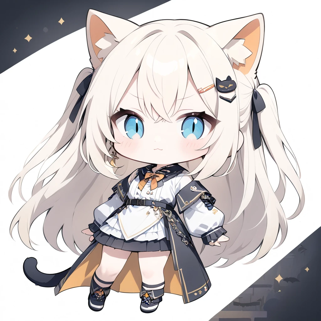 1girl,solo,full body,embarrassed,Portrait of a girl in chibi style, (Chibi Style:1. 8),:3,Teenage Girl,blue eyes,(slit pupils),Beautiful fine details,Golden Hair,Long Hair,two side up,Crossed bangs,between hair,halloween costume,Cat ears and tail,Earrings,Hair Clip,necklace,ring,masterpiece,Best Quality,High resolution,Very detailed,halloween
