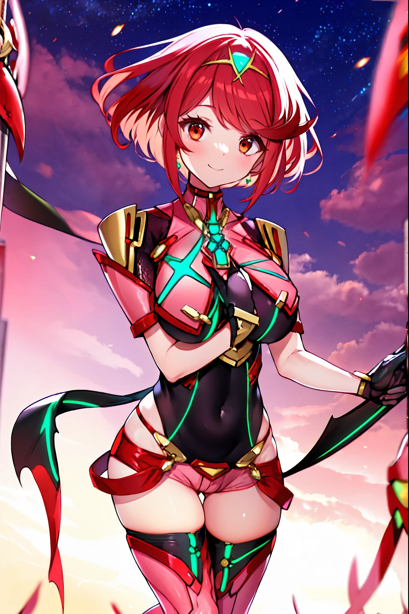 masterpiece, best quality, integrated scenery, integrated background, extremely delicate and beautiful, meticulous details, good composition, , cute face, perfect face, perfect hands, best quality, pyra \(xenoblade\), young_teen_1girl, armor, bangs, black gloves, red_eyes, earrings,, fingerless gloves, floating_hair, framed breasts, gem, gloves, hair ornament, headpiece, jewelry, large_breasts, leotard, neon_trim, red hair, red shorts, ,short hair, short shorts, short sleeves, shorts, sidelocks, skin tight, solo, swept bangs, thighhighs, tiara, night_town_background, turtleneck, underbust, vambraces, apart_legs,light_smile, plump,sword, hold_large_sword_hilt, solo, (covered_nipples:0.6), (covered_pussy:0.7),