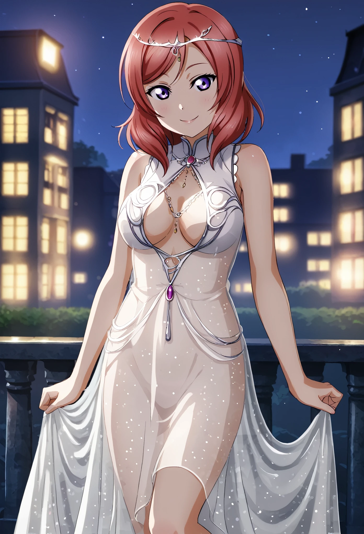 1girl, nishikino maki, purple eyes, love live , night , detailed breasts , detailed body,circlet, shiny skin, white sleeveless dress, body shape visible through dress,smile