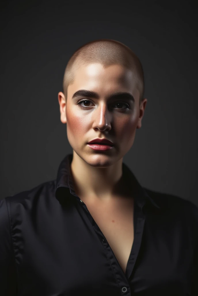 cinematic portrait, a ((bald woman)) with a ((shiny pale hairless head)), (((no hair at all on her head))). detailed, hyper realistic, photorealistic, sharp focus, 8k, hyperdetailed eyes, extremely detailed skin, striking facial features, high contrast lighting, dramatic lighting, moody lighting, strong shadows, cinematic composition, atmospheric, compelling, dramatic, powerful expression, intense gaze, serious expression, (bald head), slight build, athletic physique, female, powerful, confident, authoritative, Feminine. Full body length photograph.
