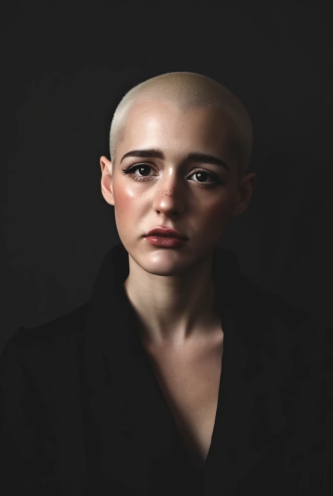 cinematic portrait, a ((bald woman)) with a ((shiny pale hairless head)), (((no hair at all on her head))). detailed, hyper realistic, photorealistic, sharp focus, 8k, hyperdetailed eyes, extremely detailed skin, striking facial features, high contrast lighting, dramatic lighting, moody lighting, strong shadows, cinematic composition, atmospheric, compelling, dramatic, powerful expression, intense gaze, serious expression, (bald head), slight build, athletic physique, female, powerful, confident, authoritative, Feminine. Full body length photograph.
