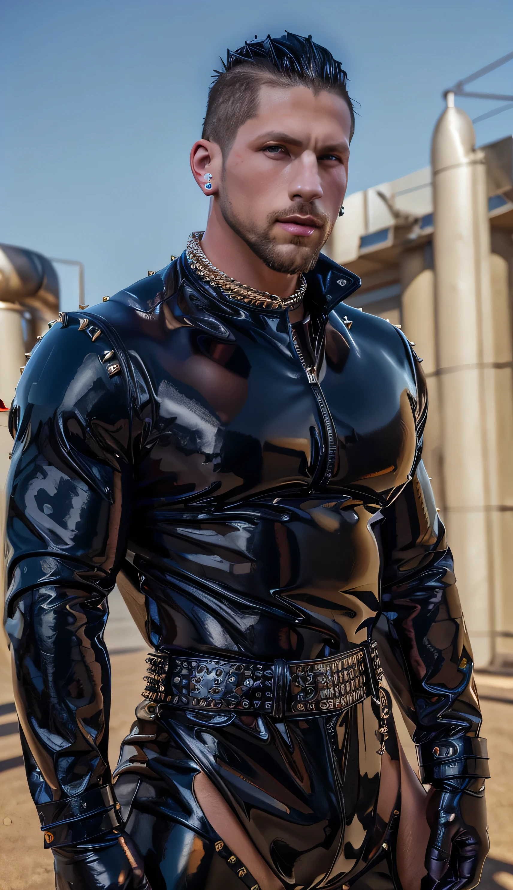 Roman Todd, muscular man with high long mohawk, facial hair, diamond earrings, huge breasts, swollen nipples, wearing tight shiny studded latex, latex gloves, jewelry, highly detailed, photorealistic, 8K, HDR, 