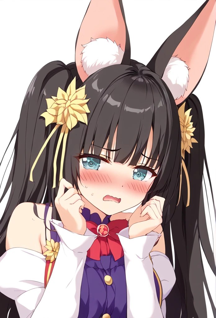 Nagato、 、Black Hair、Big animal ears、Hide your hands、blush、 embarrassing、Big ribbon、masterpiece、 High image quality 、 masterpiece胸, masterpieces
white background
