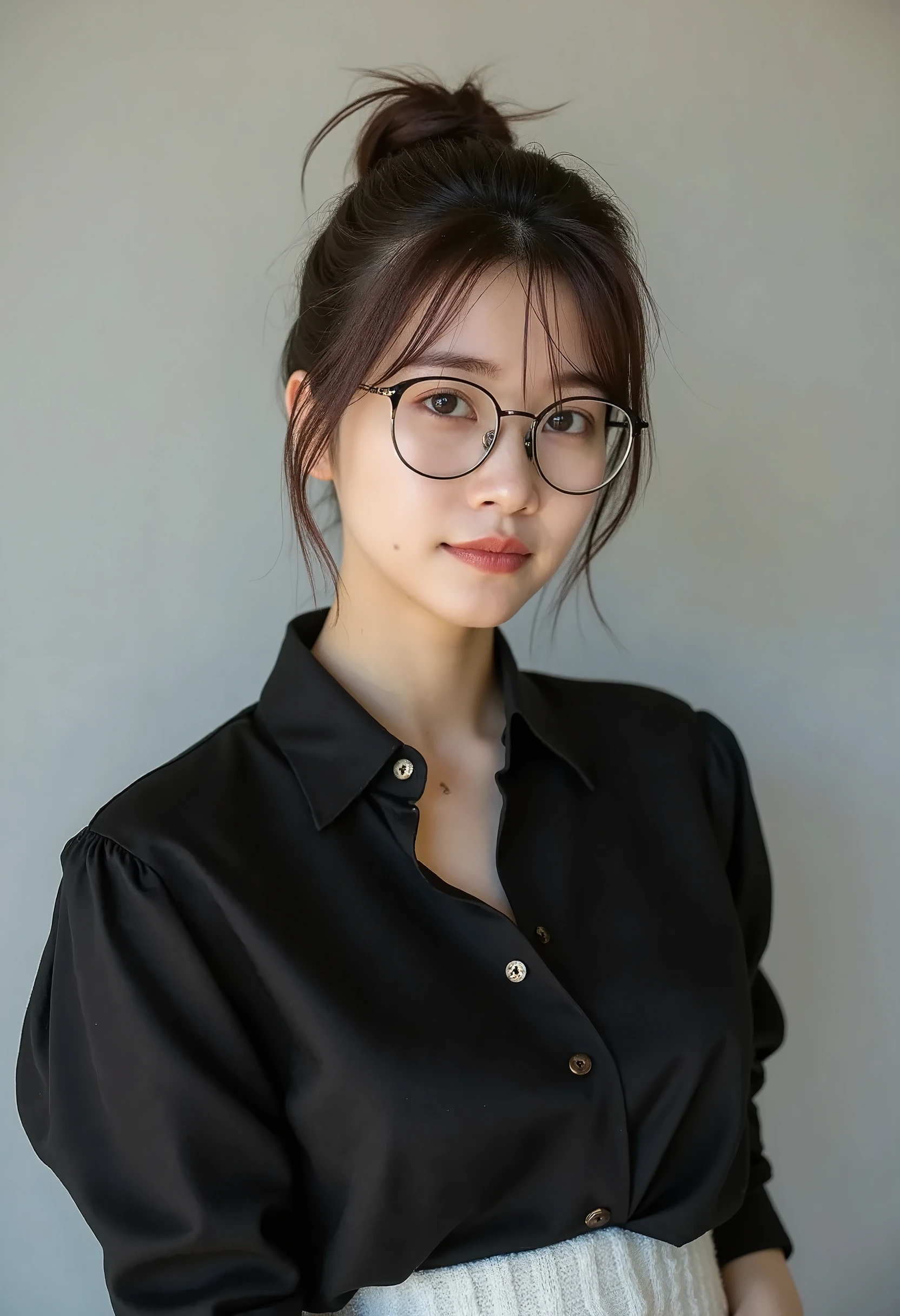beautiful 25 year old asian woman。She is wearing a black shirt and white pencil skirt。her dark brown hair, High ponytail, glasses。High resolution、masterpiece、highest quality、head w:1.4、fine skin、fine knit、(movie lighting)、clavicle