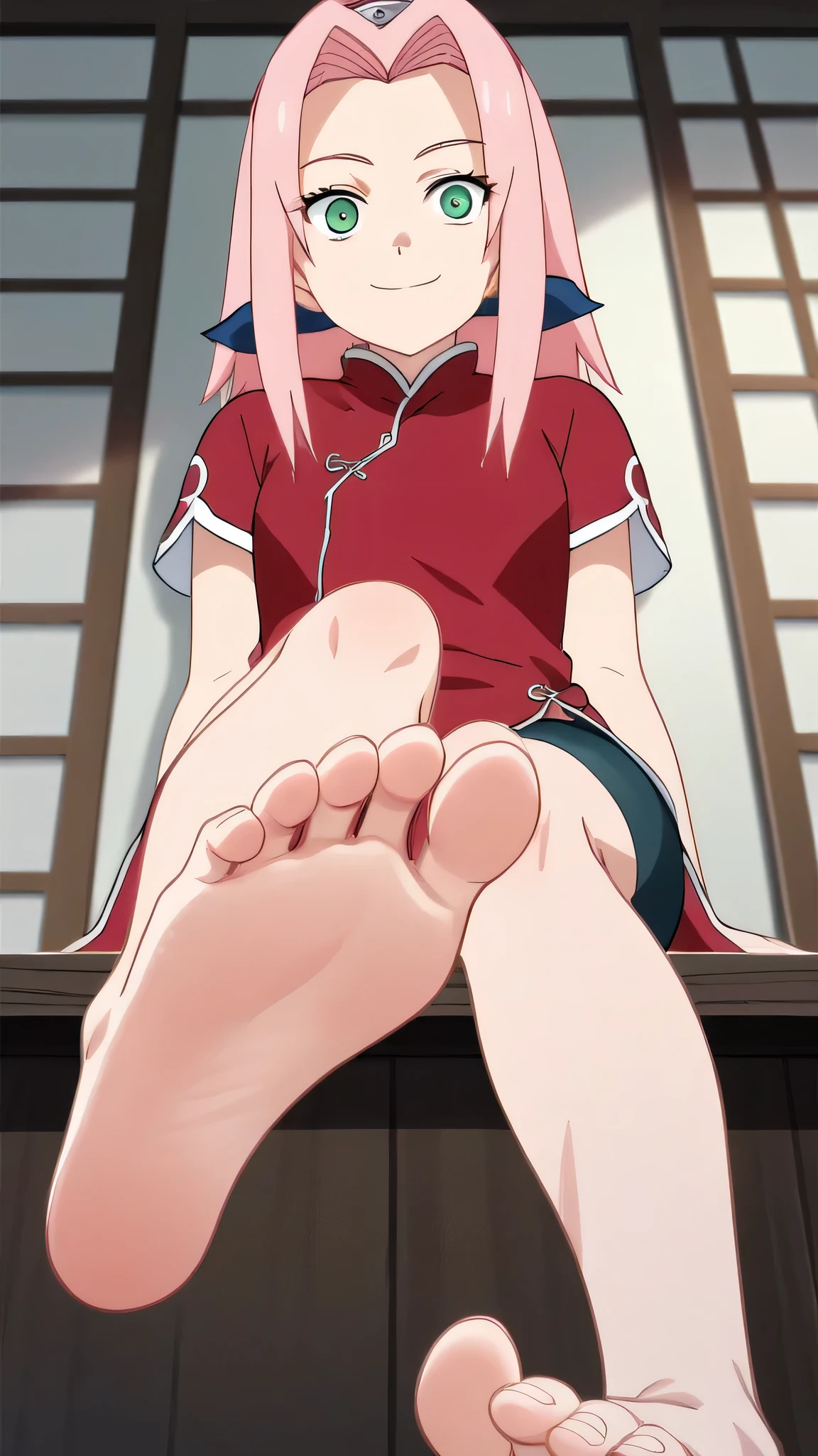 score_9, score_8_up,source_anime,
1girl, Sakura Haruno, pink hair, long hair, green eyes, red qipao, short sleeves, bike shorts,alone, looking at viewer, smile, cowboy shot, ANIME SCREENCAP, anime coloring, in the room, sitting, barefoot，Perfect feet，Anatomically correct，soles，Low Angle，Focal length 35mm, Five toes，front，Symmetrical Soles，Foot Focus