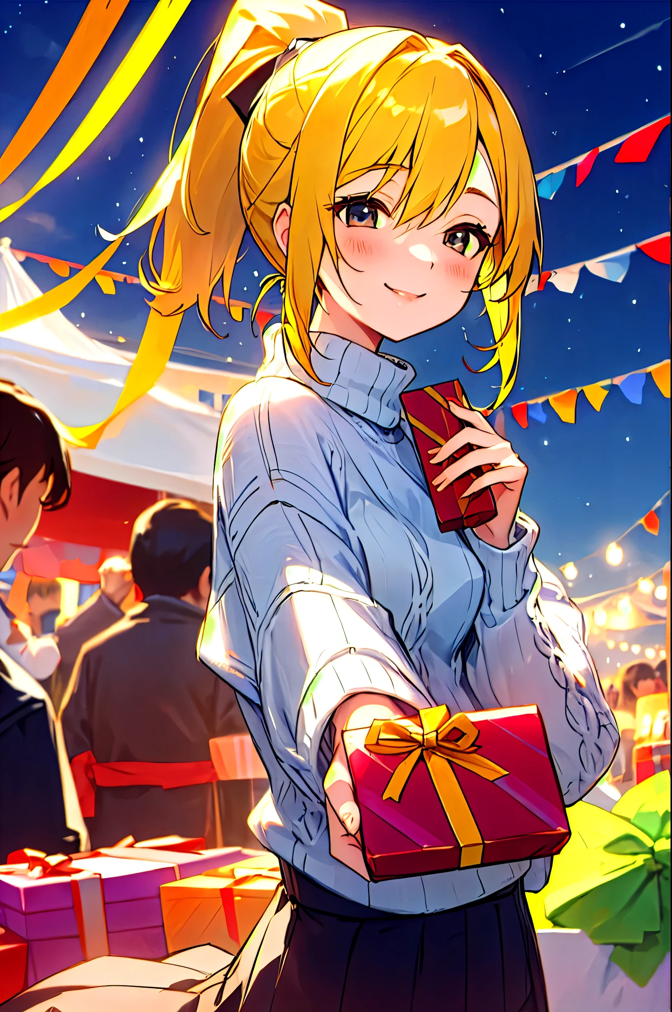 woman、Yellow Hair、Ponytail、 COMFORTABLE SWEATER、RECEIVE A GIFT 、smile、happiness、holiday、Festivals