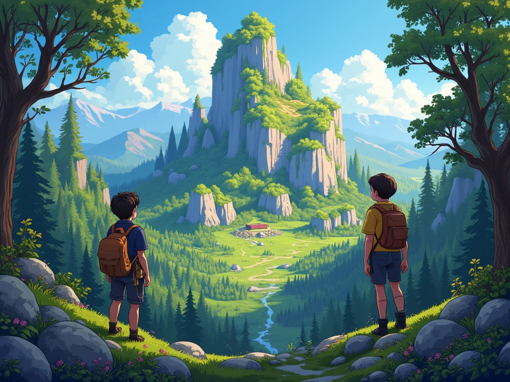 2 young people in their 20s, a girl on the right side and the boy on the left side, looking towards the horizon at a beautiful valley with a lush forest and in the center a rock mountain with lots of moss and branches around it, at the top of the mountain there is a very valuable object that shines, and in parts of that forest there are other teams looking to conquer the mountain, 8bit style.