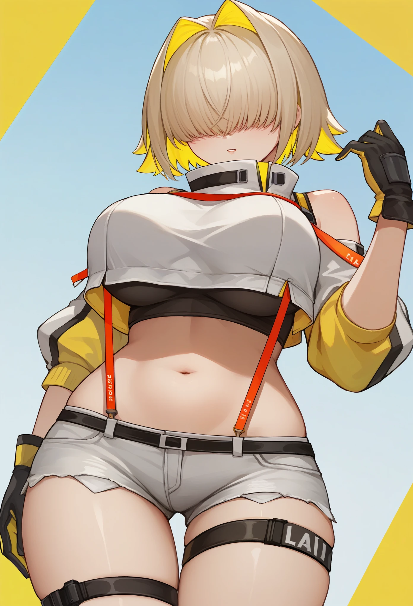 score_9, score_8_up, score_7_up, source_anime BREAK 1girl, solo, elegg, short hair, bangs, hair intakes, multicolored hair, hair over eyes, crop top, bare shoulders, suspenders, midriff, navel, short shorts, thigh strap, gloves, large breasts