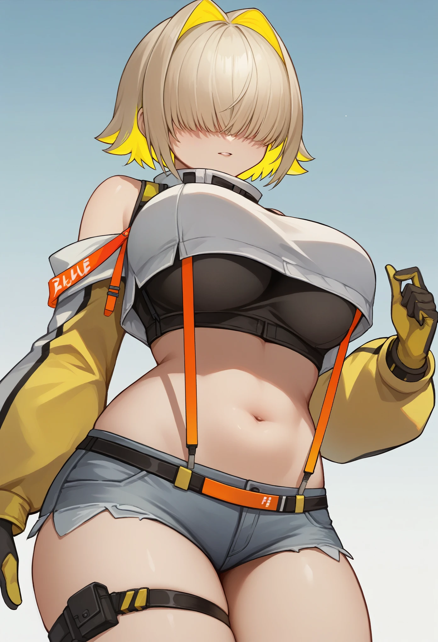 score_9, score_8_up, score_7_up, source_anime BREAK 1girl, solo, elegg, short hair, bangs, hair intakes, multicolored hair, hair over eyes, crop top, bare shoulders, suspenders, midriff, navel, short shorts, thigh strap, gloves, large breasts