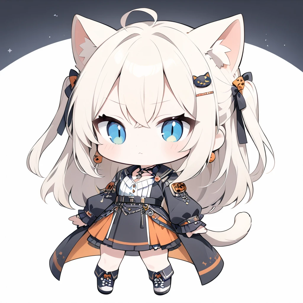 1girl,solo,full body,embarrassed,Portrait of a girl in chibi style, (Chibi Style:1. 8),:3,Teenage Girl,blue eyes,(slit pupils),Beautiful fine details,Golden Hair,Long Hair,two side up,Crossed bangs,between hair,Cat ears and tail,halloween costume,Earrings,Hair Clip,necklace,ring,masterpiece,A classic Halloween party scene
