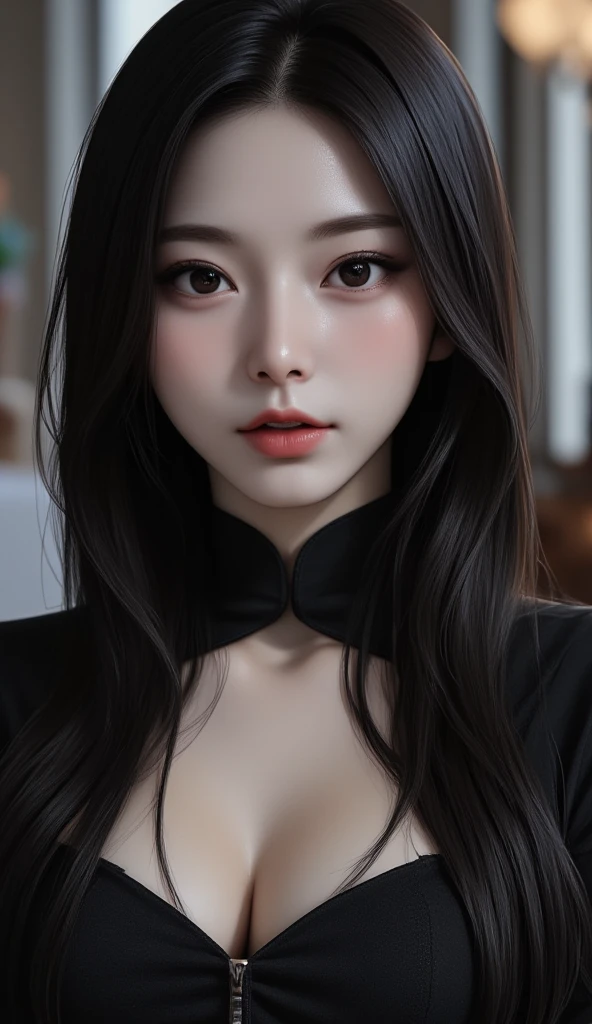 Beautiful girl with realistic black eyes, pale skin, Long black hair, perfect face, perfect eyes, very detailed, comprehensive movie, cinematic lighting, highest quality, High resolution, Post-processing, perfect result, surreal