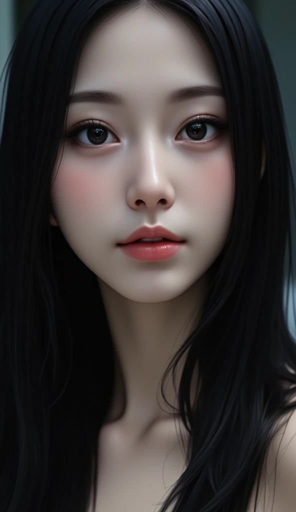 Beautiful girl with realistic black eyes, pale skin, Long black hair, perfect face, perfect eyes, very detailed, comprehensive movie, cinematic lighting, highest quality, High resolution, Post-processing, perfect result, surreal