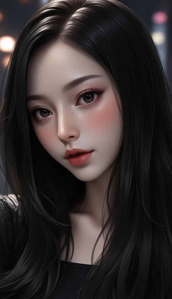 Beautiful girl with realistic black eyes, pale skin, Long black hair, perfect face, perfect eyes, very detailed, comprehensive movie, cinematic lighting, highest quality, High resolution, Post-processing, perfect result, surreal