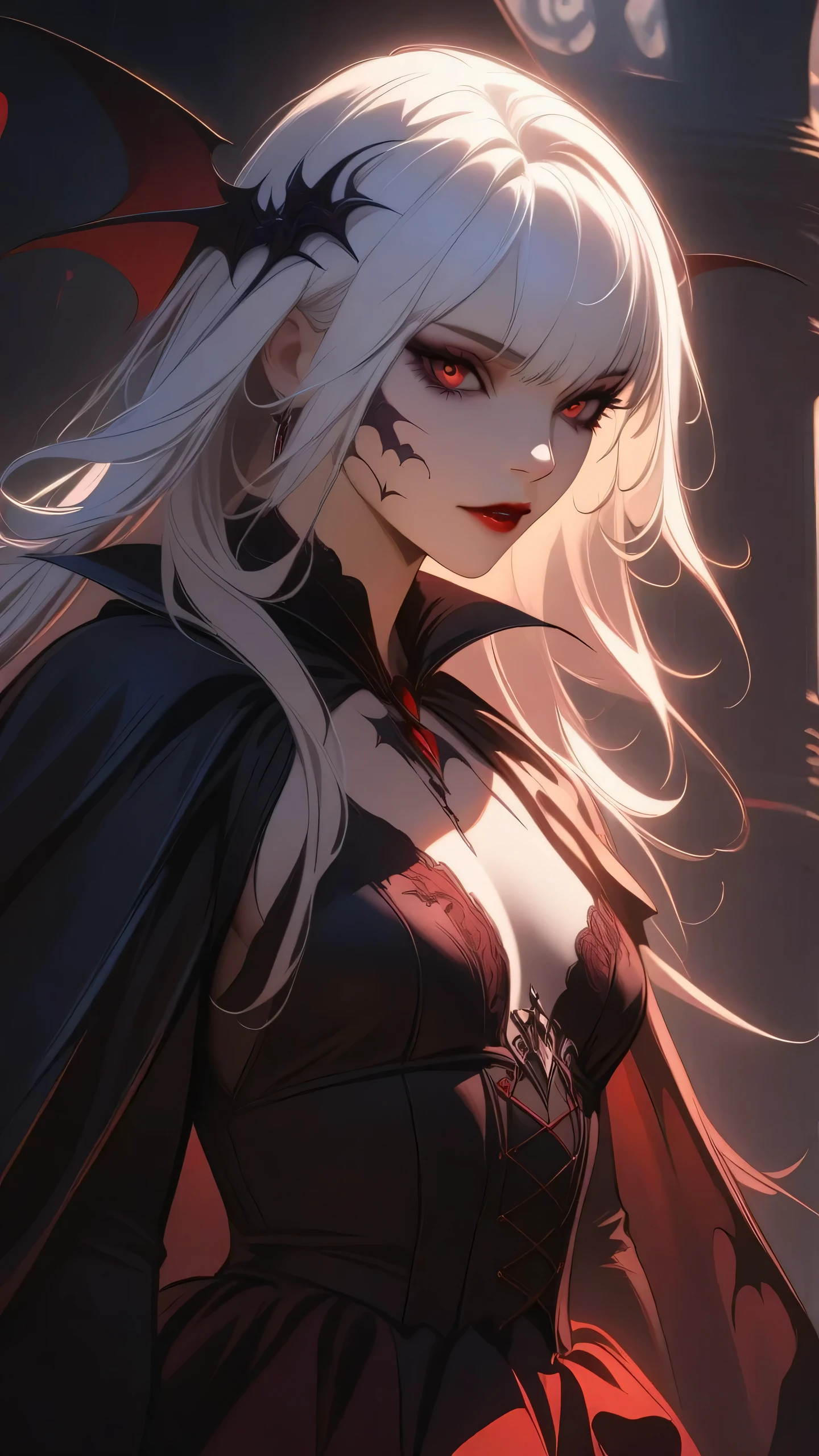 (masterpiece, best quality:1.2), 1girl, solo, Vampire Dress, white hair, dark fantasy,chiaroscuro,gothic,concept art,surreal,mystical,ethereal,moody,dramatic,atmospheric, looking at viewer, detailed facial features 