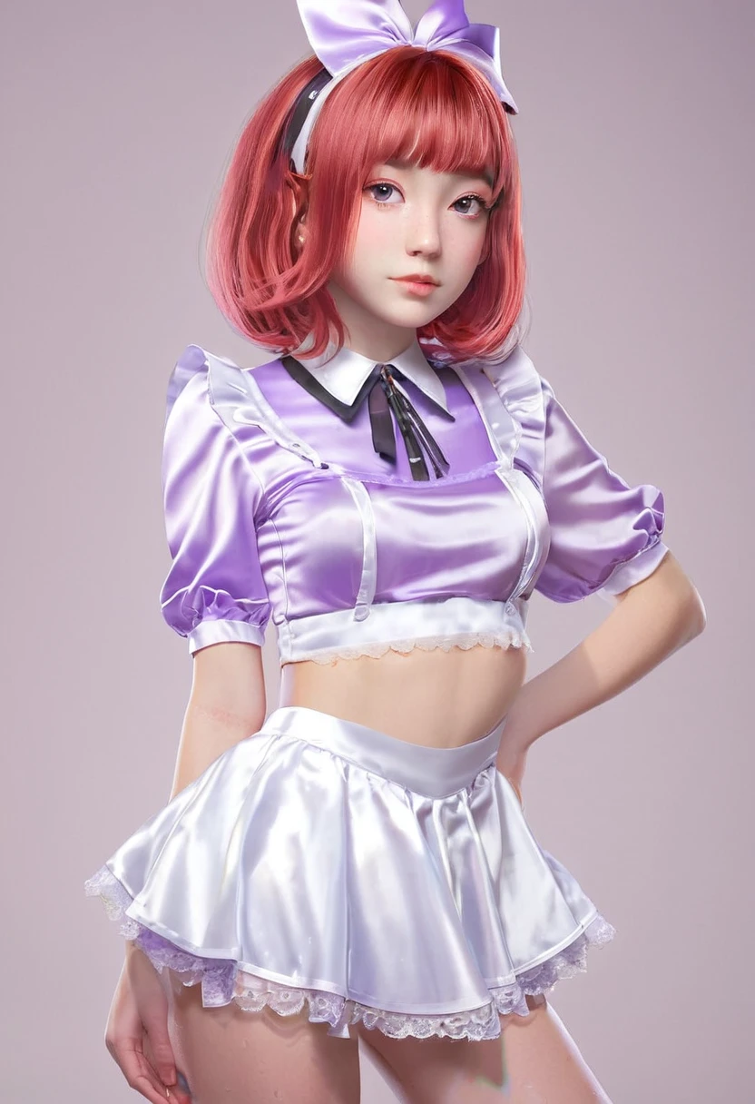 Young Teenage girl, Nordic Ethnicity, chin length bob hairstyle, red hair with a perfect face and small breasts, with freckles, Wearing a silk light purple Thin cute sexy skimpy French maids uniform, g string, full body shot, small breasts, , nsfw, 