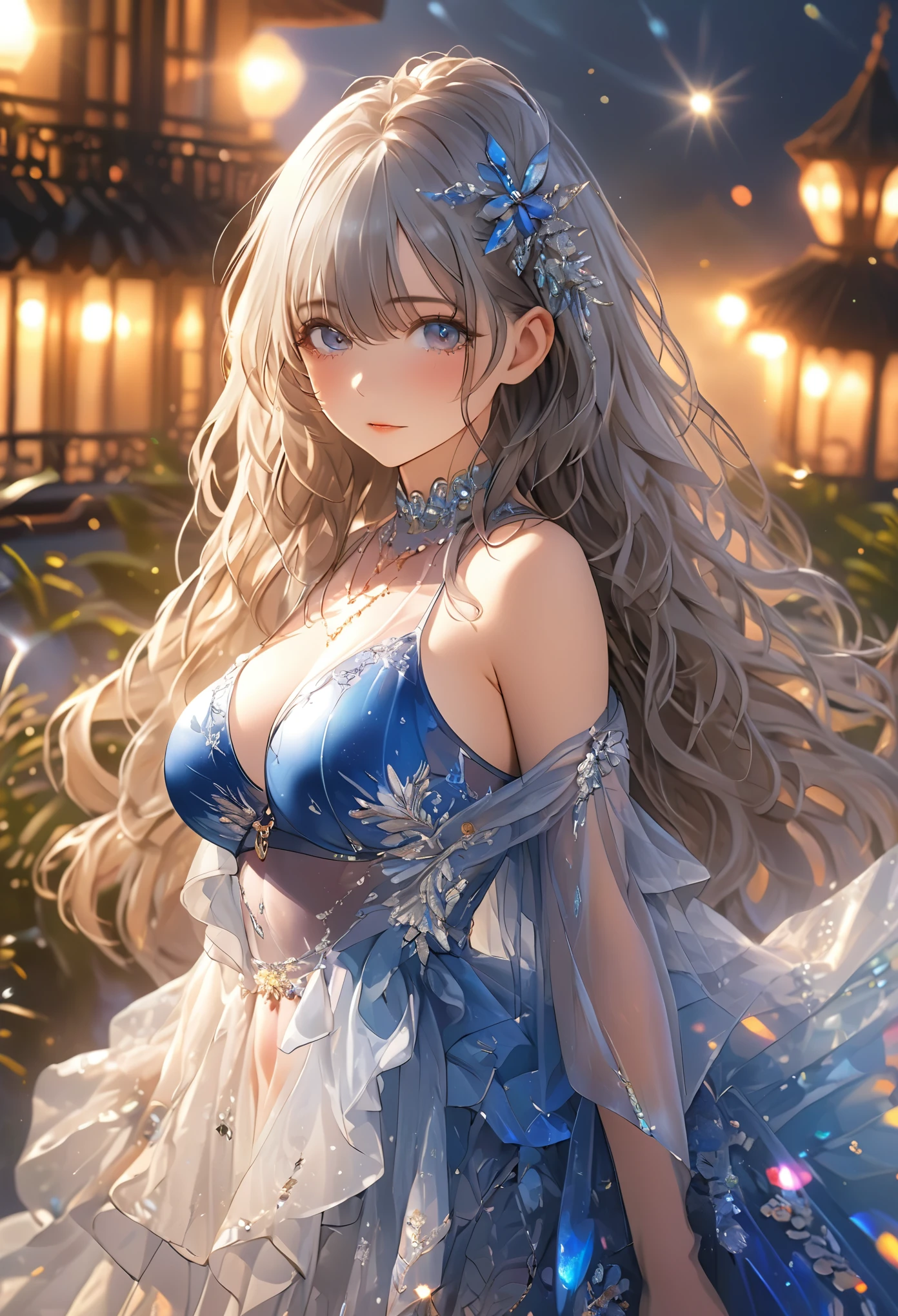 (High resolution, accurate, Best Quality, Anatomically correct, masterpiece, 8k), 1 Girl, beautiful breast, enchanted, seductive posture, sapphire eyes, breasts wide open, slightly curly silver hair, slenderness, great valley, blue bikini, wearing a white translucent and glittering clothes, See-through, Lace, Reflectors, highest quality, beautiful art, Background with luxury hotel, night view windows, depth of fields, diamonds adorn clothes, glitters, lensflare, vivid color