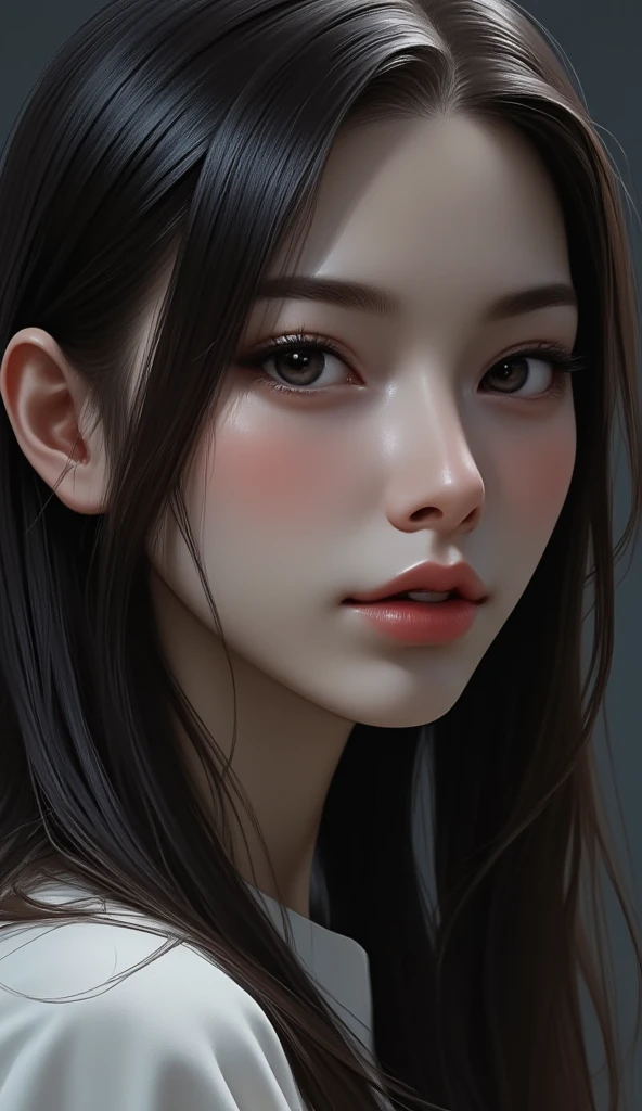 Beautiful girl with realistic black eyes, pale skin, Long black hair, perfect face, perfect eyes, very detailed, comprehensive movie, cinematic lighting, highest quality, High resolution, Post-processing, perfect result, surreal