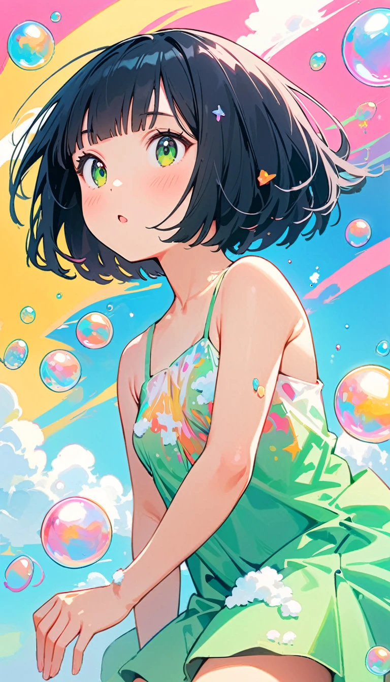  of the best quality , Super, 8k,   look incredibly ridiculous  ,  Very detailed , 2.5D, Beautiful Goddess, Soap bubble, Pastel clouds ,  Sunshine , Pop Art, , detailed and dynamic , , Black hair, Green eyes ,  Bob Cut , Very young.,   small breasts,  Formal Art