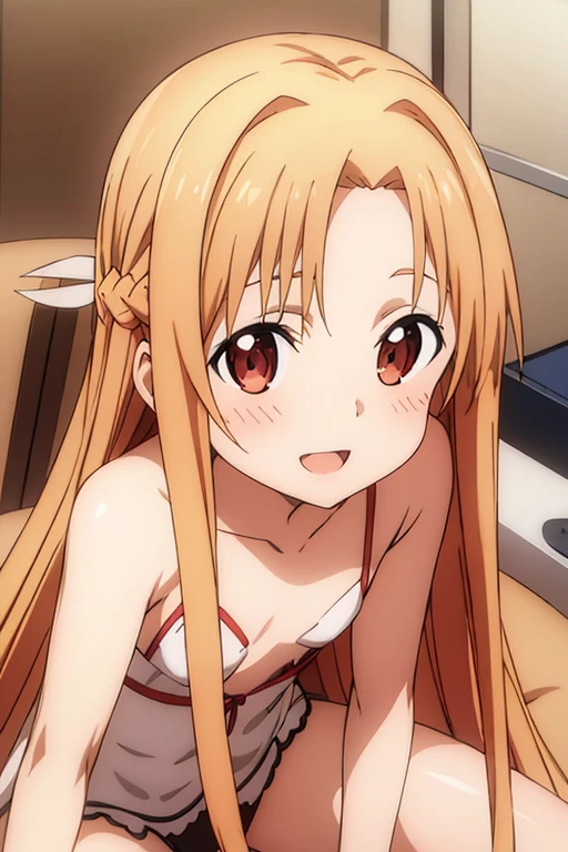 ((Best Quality)), ((masterpiece)), (be familiar with),  perfect face, indoor, bedroom,  watching viewers ,
One woman, Yuuki Asuna,
 open mouth , Ecstatic expression, blush, smile,
Small breasts,  flat chest, , ,  kids, Girl,
Long Hair,  long hair,
Leg spread,