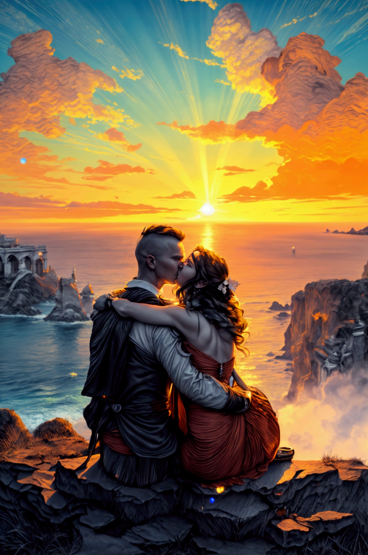 score_9, score_8_up, score_7_up a picture of a couple, a man and a woman,  sitting on the cliff near the sea, they hug and see the sunset, shadow plays, sun going down, divine rays,  vibrant, Ultra-high resolution, High Contrast, (masterpiece:1.5), highest quality, Best aesthetics), best details, best quality, highres, ultra wide angle, 16k, [ultra detailed], masterpiece, best quality, (extremely detailed), 