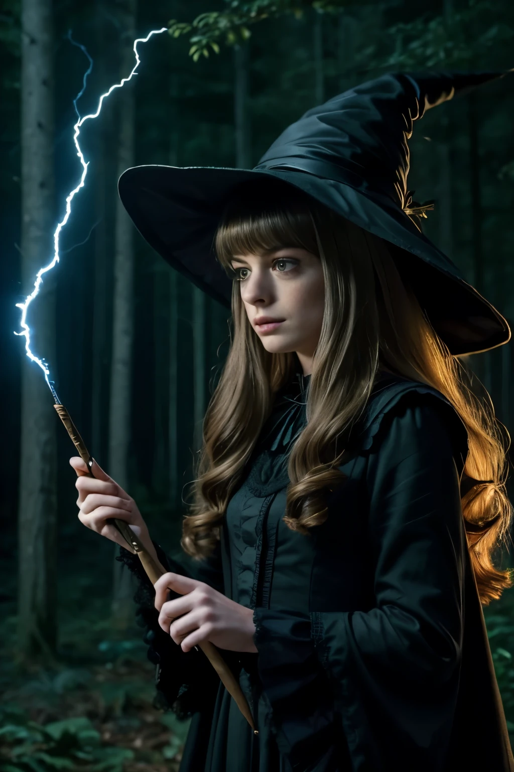 eye-level view, nighttime, scary forest, young Anne Hathaway, (full long conservative black dress), pointed witch hat, casting a spell, holding a magic wand, lightning, (((extremely long hair))), black cat