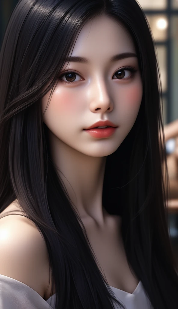 Beautiful girl with realistic black eyes, pale skin, Long black hair, perfect face, perfect eyes, very detailed, comprehensive movie, cinematic lighting, highest quality, High resolution, Post-processing, perfect result, surreal