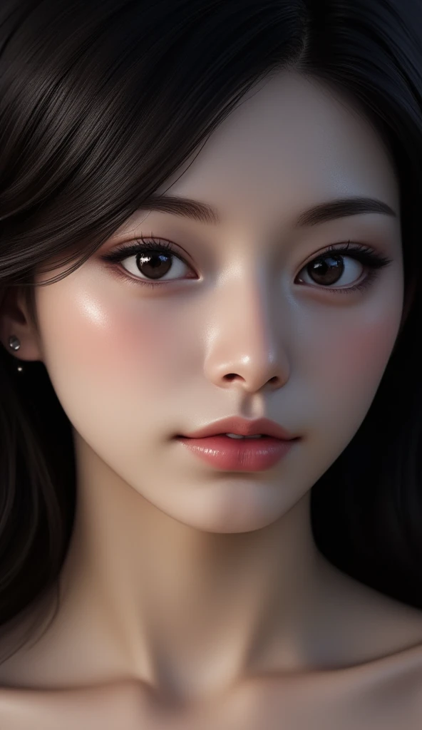 Beautiful girl with realistic black eyes, pale skin, Long black hair, perfect face, perfect eyes, very detailed, comprehensive movie, cinematic lighting, highest quality, High resolution, Post-processing, perfect result, surreal