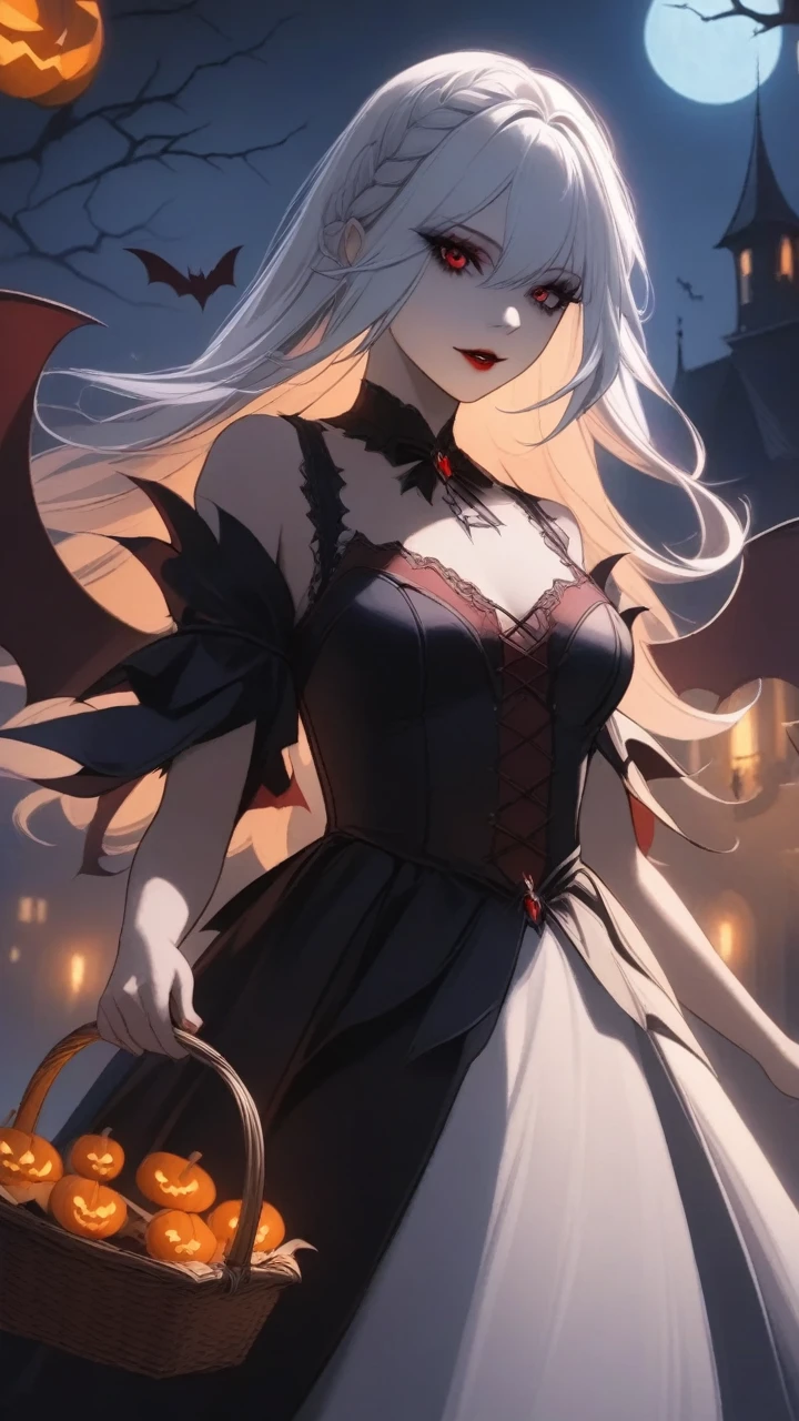 (masterpiece,  Best quality:1.2),  1girl, One,  vampire dress , white hair, dark fantasy, lights, Gothic, concept art, surreal, mystical, Ethereal, capricious, Dramatic, atmospheric,  looks at the viewer ,  detailed facial features ,  Walking through the Park on Halloween Night , smile,  Holds a Candy Basket , moonlit night,  Very Beautiful and Spectacular View, trees,  Bats fly across the sky , Bright Lights in Houses , 8 k, masterpiece,  Maximum Quality ,