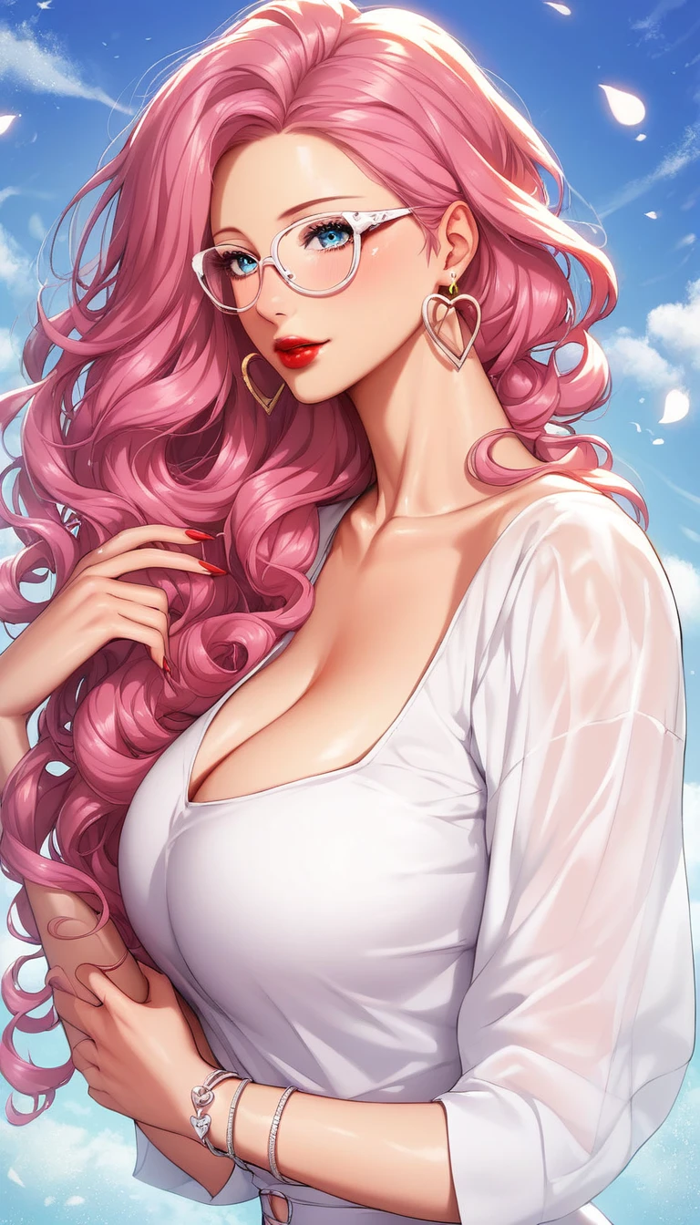 Hot beautiful young innocent girl, red lipstick, long heart Earrings, big teardrop breasts , pink hair ,wavy hair,bracelet ,detailed, detailed blue eyes, curvy body  ,manhwa style,body moving motion ,detailed eyes,manhwa page,manhwa art style , white frock,white garter belt,fake glasses ,white oversized shirt
