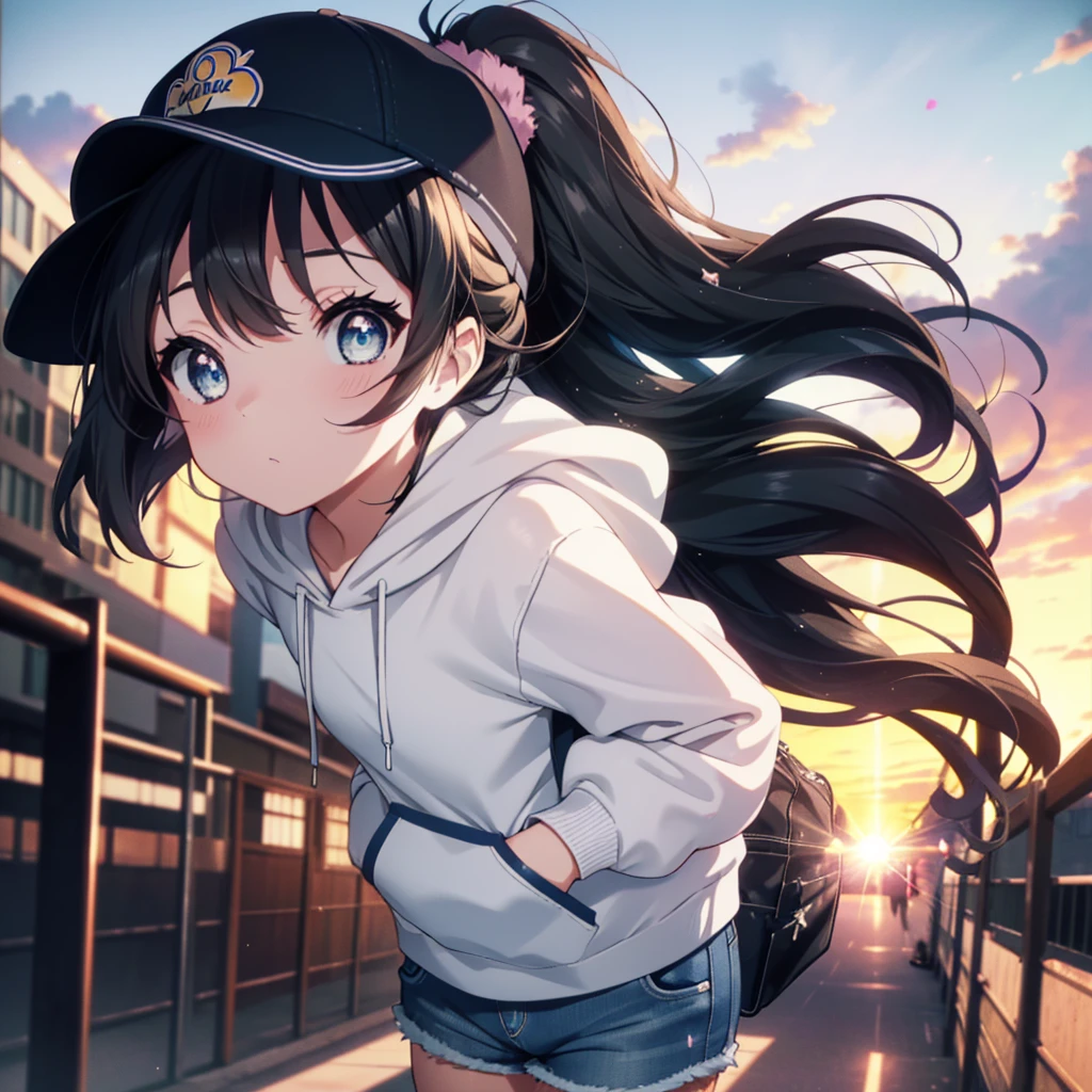 mioakiyama, Mio Akiyama, Long Hair, bangs,  Black Hair , ( dark eyes:1.3),nice,  Princess Cut,Baseball cap, ponytail, black oversized hoodie,Short denim pants, black pantyhose , short boots,sunset,evening,The sun goes down, I stuck my hand into the hoodie ,Carrying a guitar case ,walk,Blowing bubble gum, Pink bubble gum,
break outdoors, Around town,Building Street,
break looking at viewer, ( cowboy shot:1.5),
break (masterpiece:1.2), Best Quality,  Kampala,  Unity 8k wallpaper, (shape:0.8), (Detailed and beautiful eyes:1.6),  high definition face,  Full Photo,  CG in detail, (Perfect hands,  perfect anatomy),