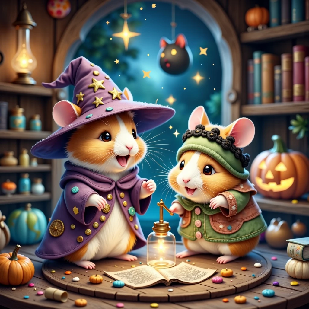 (In a cozy, enchanted room glowing with the warm light of magical lanterns, two adorable hamsters enjoy a whimsical Halloween night. The wizard hamster, dressed in a purple robe adorned with starry embroidery, wears a tilted, pointy hat that gives him a charming look. In his small paws, he holds a golden-tipped wand, and his round cheeks lift into a joyful smile as he waves the wand, casting shimmering spells. His bright eyes shine with excitement, and his whiskers quiver as he focuses on enchanting his friend.) (Beside him, the second hamster wears an adorable Frankenstein-inspired costume with green sleeves, stitched patches, and tiny bolts on his chubby cheeks. With a puffed-up grin, he gazes at the wizard hamster, his eyes filled with delight and curiosity as the magic swirls around them. His costume is slightly oversized, adding a lovable, clumsy charm.) (The room around them is filled with magical details: a tall shelf lined with potion bottles glows in shades of emerald, lavender, and amber, their liquids sparkling mysteriously. Ancient scrolls and dusty spellbooks are stacked nearby, and floating books hover with pages that turn on their own. In one corner, a jack-o'-lantern carved with a black cat face emits a soft blue glow, while a black cat-shaped lantern sways gently, almost as if alive. Tiny, sparkling stars and light particles float through the air, filling the space with a warm, magical ambiance. The entire room brims with the thrill of Halloween and the charm of a magical adventure between two delightful friends.)