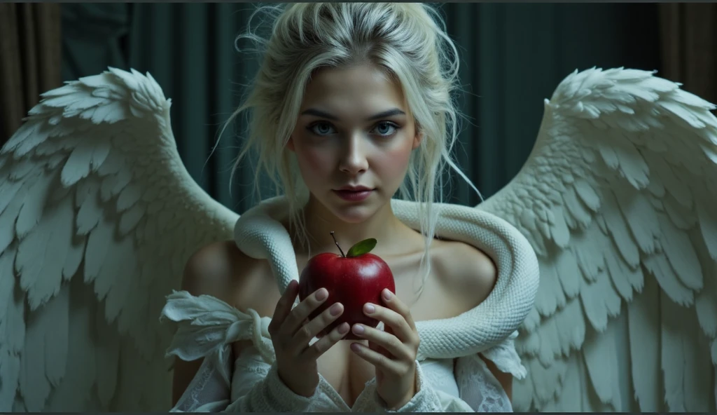 Front view of beautiful woman with perfect body, big breasts,  With beautiful white hair tied behind her head in a very messy congo,  pale skin and one green eye while the other is blue watching the camera  . large open angel wings detailed ,
WHITE LINGERIE BODYSUIT, holding a red apple with one hand and with the other a white snake with a detailed head,  the white snake is wrapped around its body  ,The snake is seeing the woman's face,The background is black and blue .
