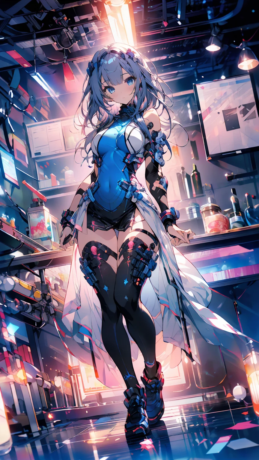 ((full body)),masterpiece, Best Quality,  anime style,Official Art Beautiful Lighting,  1 girl, bangs, Futuristic base interior, whole body, Blue and white outfit, masterpiece, noise reduction, perfect anatomy, Kampala, Super detailed,Game CG, Dutch angle , beautiful detailed eyes, visual art , Five Fingers , Perfect hands,  Full Photo,