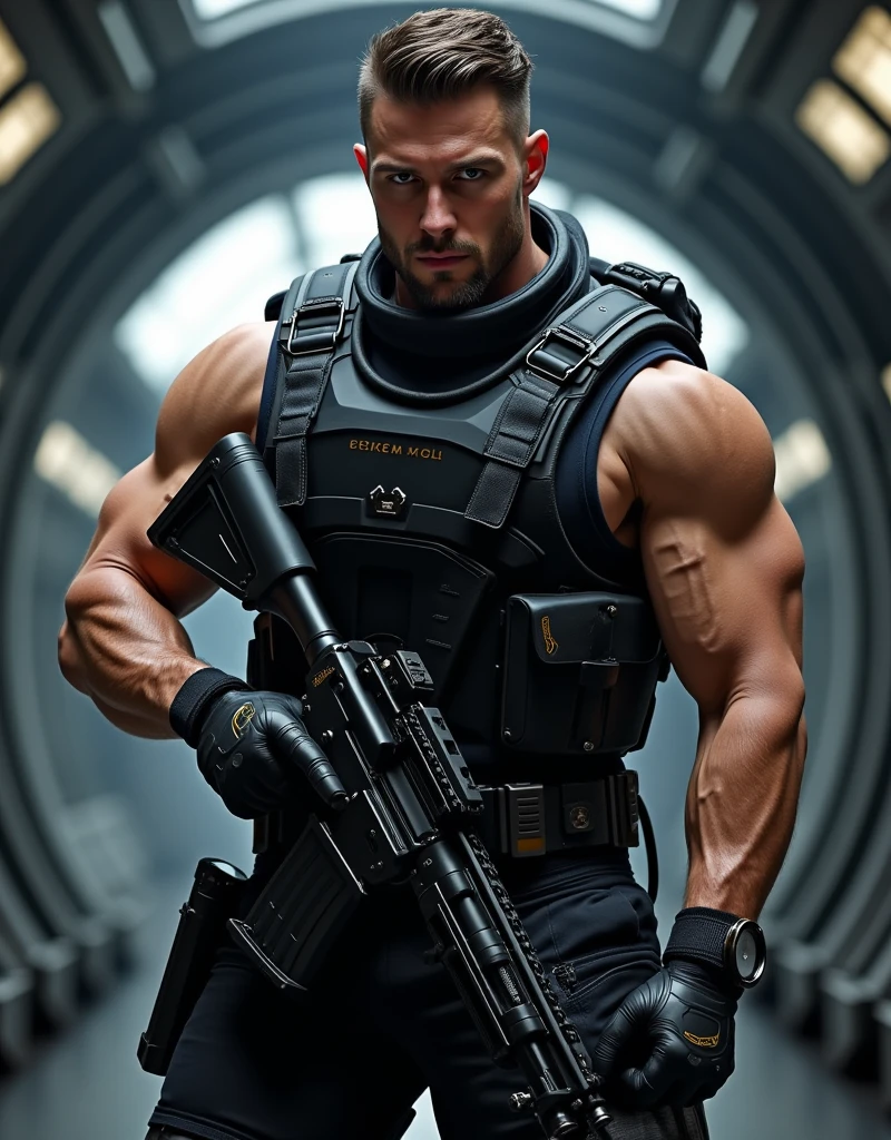 (masterpiece:1.2, Exceptional Quality, Mirror-like, Cinematic Experience, Best illustrations:2.0), Ultra-high resolution, Very detailed, 8k, wallpaper, (Super sexy man:0.5), (Super muscular:2.0), (Nicholas Alexander Chavez:2.0), (muscle male space soldier:2.0), (Muscular hairy Chest:2.0), (Elegant body:2.0), (Beautiful Eyes, Shining eyes, Detailed face, small beard, Beautiful skin texture:1.3, short undercut haircut:1.3), (Beautiful male hands:2.0), (Fine hand:2.0), (Hold an advanced assault rifle.:2.0), (combat Stance, looking at camera:2.0), (Wearing a black space soldier uniform.:2.0), (On a space ship:2.0), (Super sexy:2.0), (Very muscular thighs:2.0), (Super functional:2.0), (Cyberpunk:2.0), (SF:2.0), (Visual Effects:2.0), (full body shot:2.0), (dynamic:2.0), (Serious:2.0)