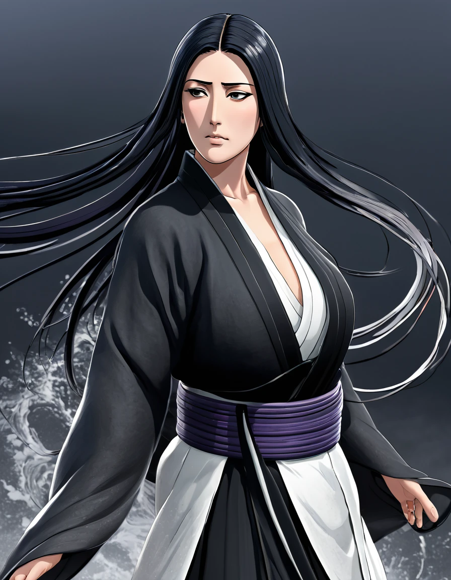 Detailed anime style, masterpiece, studio quality, 6k, best quality, ((unohana retsu:1.5)), detailed face and eyes, black long hair braid on cleveage, black kimono, sash, (very large breasts:1.5), looking at viewer, strong wind, orgasm pleasure, japanese architecture, full body, shiny wet skin, standing sexy pose, full body covered wit cum, ripped clothes, 