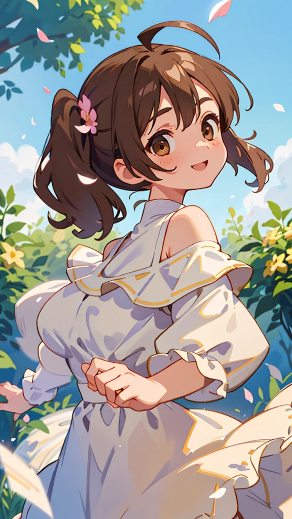 １ girls 、Big Eyes、Dark brown eyes、Light Brown Hair、 side ponytail 、Large Breasts、Ahoge、 plain white off-the-shoulder dress、Short sleeve、Frills、 upper body closeup in a long sleeve jacket、Garden with dancing petals in the background 、smile、From the side、Picturesque、Sharp contours