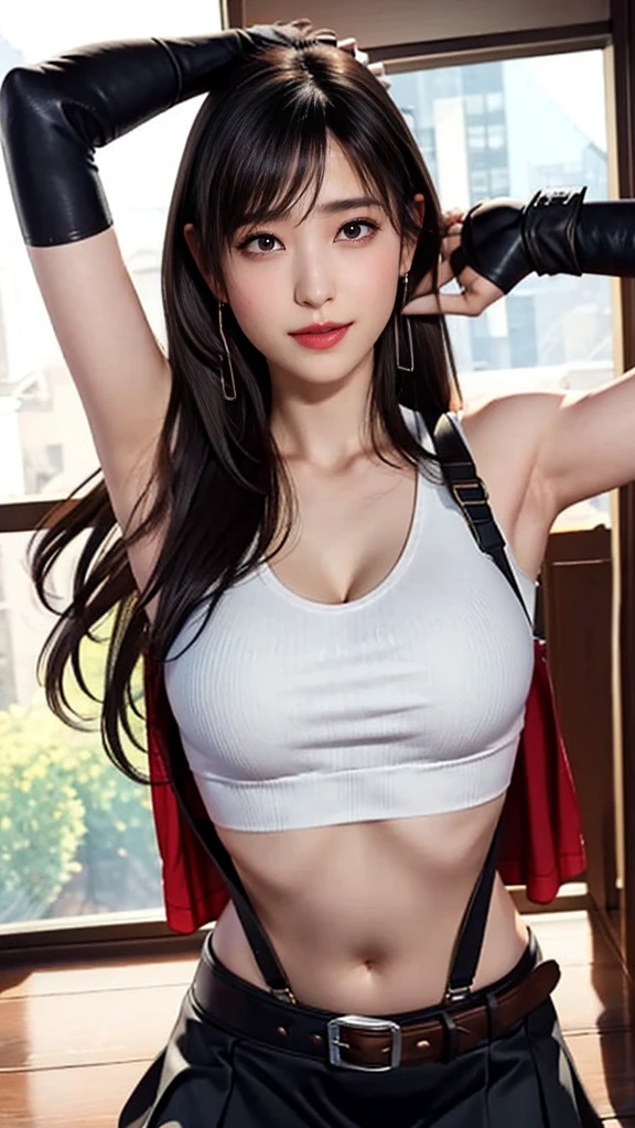 ff7r style, 
tifa lockhart, 1girl, thick lips, arm up, armpits, artist name, belt, black hair, breasts, red eyes, cleavage, closed mouth, collarbone, cowboy shot, crop top, earrings, elbow gloves, elbow pads, gloves, jewelry, large breasts, lips, long hair, low-tied long hair, midriff, navel,   indoors, skirt, smile, solo, stomach, suspenders, tank top, upper body, ((masterpiece))