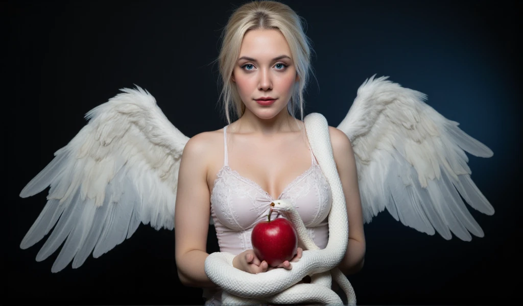 Front view of beautiful woman with perfect body, big breasts,  With beautiful white hair tied behind her head in a very messy congo,  pale skin and one green eye while the other is blue watching the camera  . large open angel wings detailed ,
WHITE LINGERIE BODYSUIT, holding a red apple with one hand and with the other a white snake with a detailed head,  the white snake is wrapped around its body  ,The snake is seeing the woman's face,The background is black and blue .
