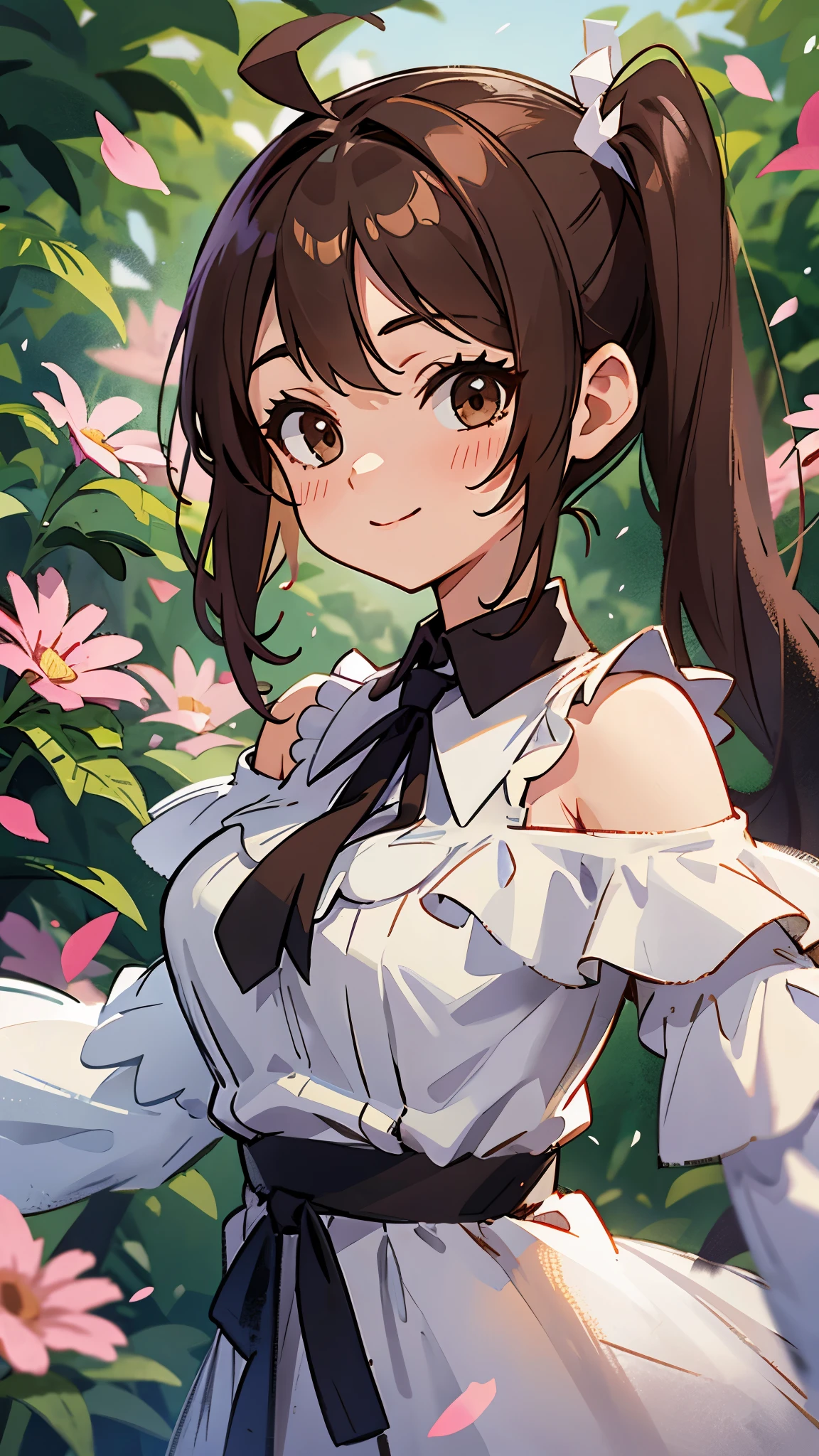 １ girls 、Big Eyes、Dark brown eyes、Light Brown Hair、 side ponytail 、Large Breasts、Ahoge、 plain white off-the-shoulder dress、Short sleeve、Frills、 upper body closeup in a long sleeve jacket、Garden with dancing petals in the background 、smile、From the side、Picturesque、Sharp contours