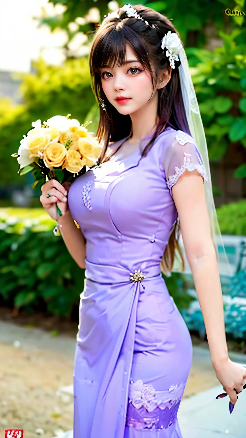 （Very delicate and beautiful：1.2）supermodel,,Big Breasts,Beautiful breasts,Tight waist、Small Ass、super high quality，8k，One Girl，bride，White lace dress，Bouquet of roses in hand，And the sun was shining bright，And the sun was shining bright，Vibrant colors、highest quality, High resolution, 8k,, Sharp details, yellow floral dress, 21 years old、smile、Slim figure、Black Hair、bangs、Random Hairstyles、1 female, Highly detailed face, ((woman with long dark black bangs and purple eyes)),  Victorian Era, (A woman is wearing a wedding dress and holding flowers),  (Woman with deep purple eyes), At a wedding、Garden Wedding