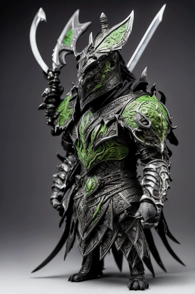 Insect warrior with a burly body ,  equipped with a large dark-looking sword and affiliated . With a black body with light green and white lines on the top of the head with two large, dark eyes