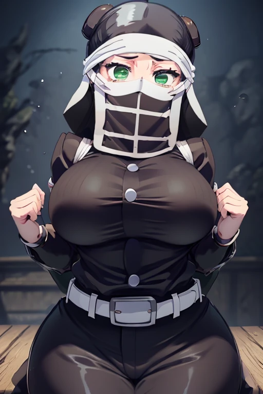 Kakushi_girl,  a girl,8K,alone,  black hair , green eyes,  belt,3D,horizontal stripe mask, black and white mask,  belt blanco,  demon hunter uniform, handkerchief,  short hair , forehead, large breasts, wide hips, 50 cm , large hips....