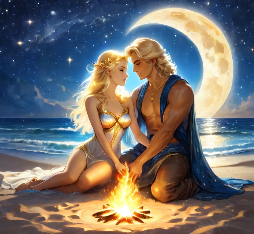 Blonde God and Goddess of Light, radiant, sitting in love on beach by a fire, starlight, full moon