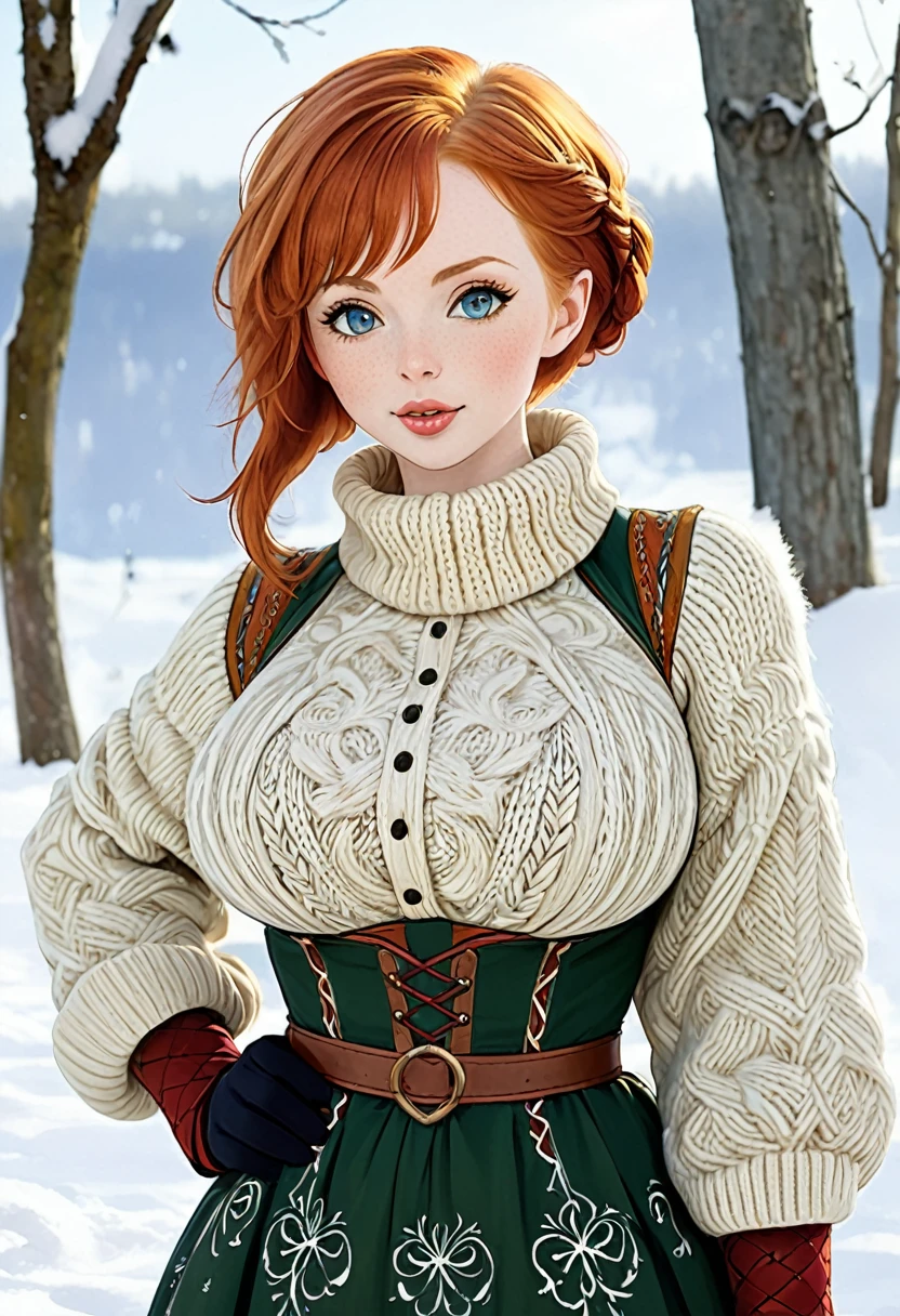 woman, ((Masterpiece, best quality)), detailed skin, highly detailed, cinematic lighting, ultra realistic, blush, looking at viewer,  anna, anna from frozen, princess, disney, brown hair, long hair, portrait, outdoor, snow,  cleavage,  large breasts,  wide hips, 
red lingerie