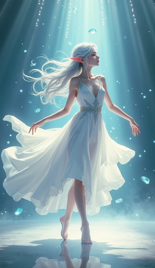 Anime character, silver-haired elf, droopy ears, pure white dress ...
