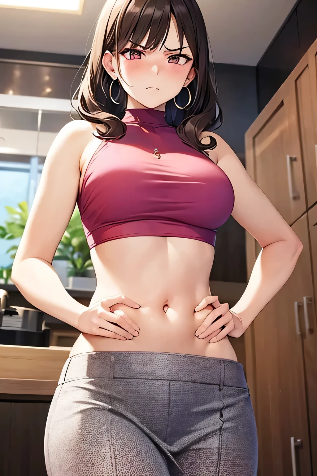 super fine illustration, vibrant colors, masterpiece, sharp focus, best quality, depth of field, cinematic lighting, ultra detailed, halterneck, crop top, dudou, high neck, floral pattern, pink shirt, sleeveless, dark brown business skirt, navel, tummy, 1 woman, solo, slender, full face blush, annoyed, mature female, tall woman, looking down, dark hair, annoyed, long curly hair, indoors, modern kitchen, bellybutton, frilled shirt, buffet, hand on own hip, bare shoulders, food on table, hoop earrings, medium chest,midriff, spaghetti, 