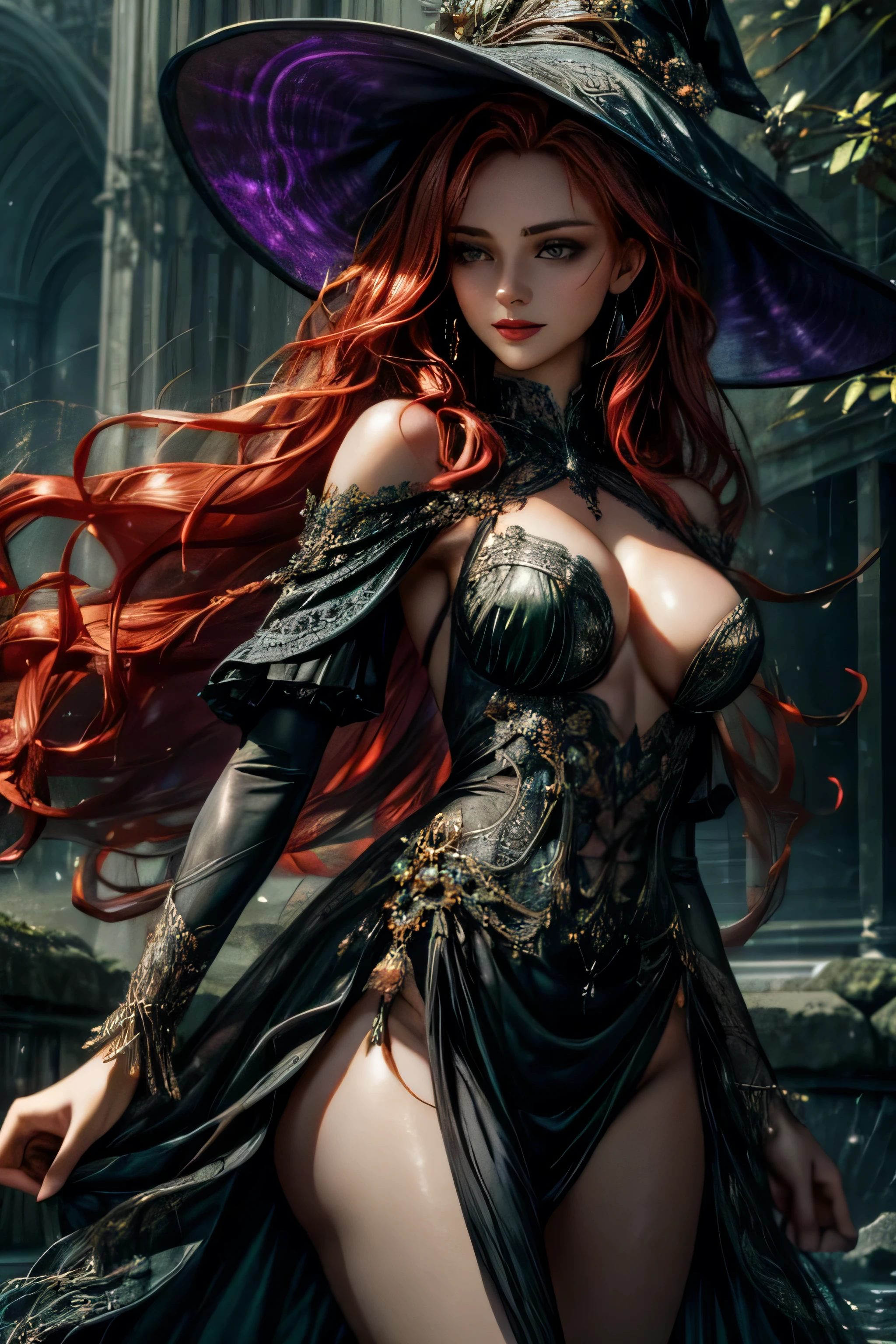 Detailed, Beautiful, 4k, Best Quality, Petite Body, Beautiful Woman with Her striking red hair flowed like molten copper, cascading down her shoulders in soft waves, shimmering under the waning light of dusk. The green of her eyes, reminiscent of fresh spring leaves, sparkled with an enchanting light that spoke of secrets untold and mysteries yet to unravel. With a Mischevious smile gracing her lips, she emanated warmth and comfort, making her seem less like a witch.
Dressed in a beautifully crafted witch's outfit, Trench Coat, , she wore a deep black and purple dress adorned with intricate silver patterns that whispered of ancient lore. The fabric hugged her form gracefully, , adding an air of ethereal elegance. Completing her ensemble was an oversized witch hat , its brim wide enough to cast a playful shadow over her eyes, enhancing her beguiling allure. It was adorned with delicate flowers and shimmering ribbons that danced with the wind, creating an irresistible aura around her., Detailed face, Detailed Body,