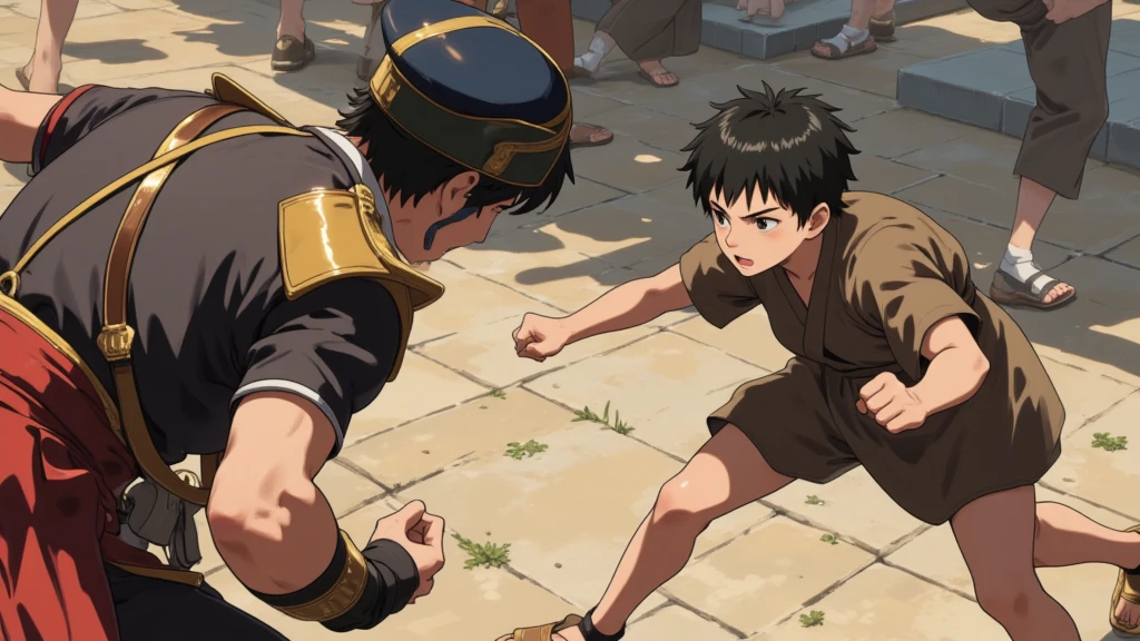 a boy，Short hair，A determined look，Straw sandals，Peasant Dress Up，high quality，8K，Simple background，masterpiece， Best Quality ， and fights with a man in official uniform。The boy holds out his fist 。