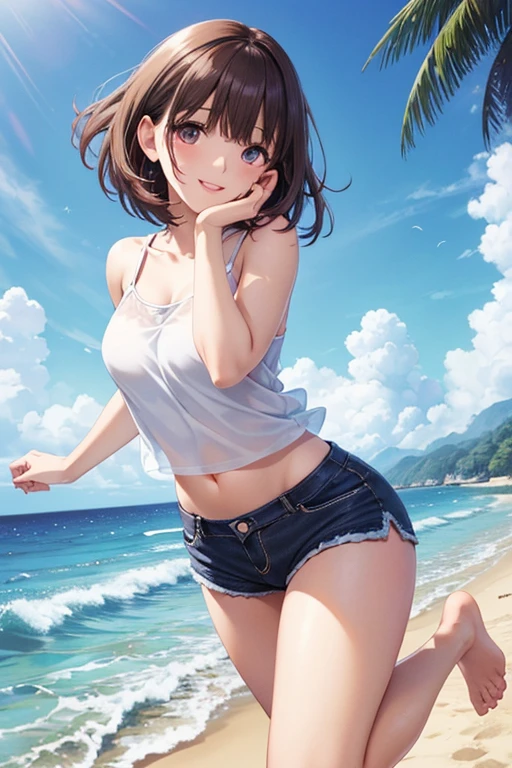 (8K、Highest quality、Highest quality、masterpiece)、Detailed face、One Girl、(Brown Skin:1.2)、Long Hair、Red Eyes、Serious、(Red Tank Top、Denim hot shorts、Open Shorts、Unziped shorts、Mini jeans Shorts、No Panties、NoPanties、Spread pussy、heart cutout)、labia view、Beach、cloud、vagina、Pussy Lip、Wedgie between Pussy Lips、Big Breasts