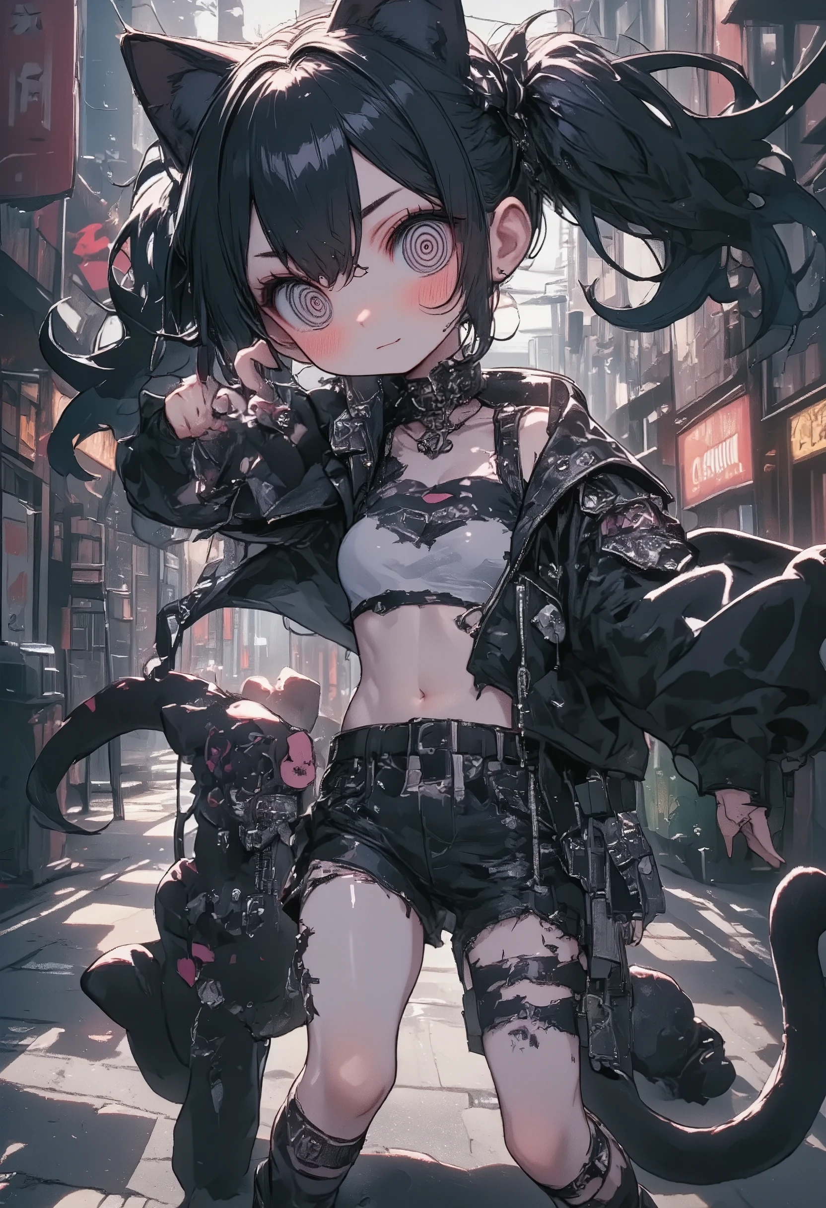 girl\(cute, kawaii, age of 12,spreads pussy,evil smile,black hair,long hair,twin tails hair,pale skin, skin color blue, red eyes, eyes shining,big eyes,breast,punk fashion,ripped clothes,tight tube top,tight hot pants,stomach shown,ripped black short jacket,fluffy black cat-ear,dynamic pose,spiral eyes,bang\),background\(outside, noisy city, backstreet, narrow street, neon lights, at night\)